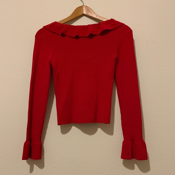 Red Long-Sleeve Ruffled Crop Top (Ribbed) - Picture 2 of 14